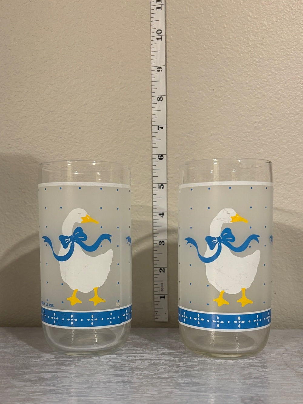 VNTG Libbey Glass Drinking Glasses Country Geese Duck Blue Ribbon Set of 2